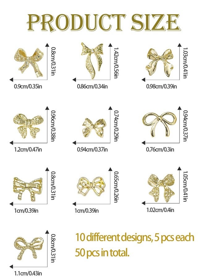 Wsimily 50pcs Metal Bow Nail Charms, Wsimily 3D Gold Bowknot Nail Art Charms Luxury Shiny Alloy Bow Tie Nail Gems DIY Manicure Nail Decoration Accessories for Women Girls - Image 2